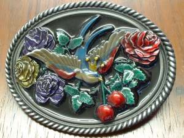 Gürtelschnalle Buckle Blumen Vogel Kirschen