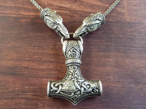Thors Hammer mit Rabenköpfen Wikinger-Halskette Edelstahl 60cm